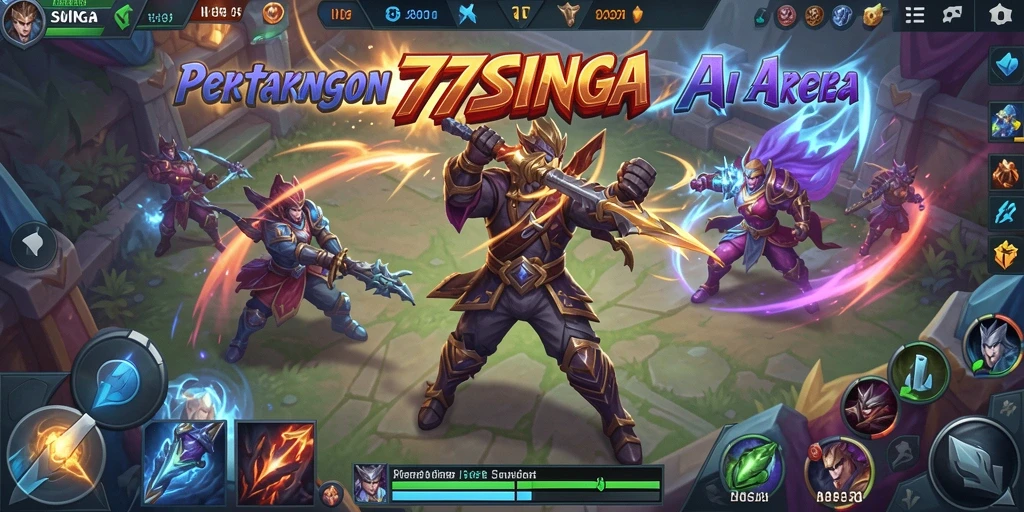 Screenshot dari gameplay seru 77SINGA dalam pertempuran MOBA.