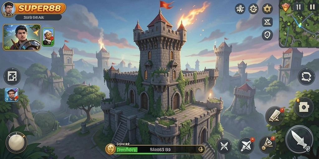 Tampilan gameplay SUPER88 yang menampilkan menara dan serangan musuh.